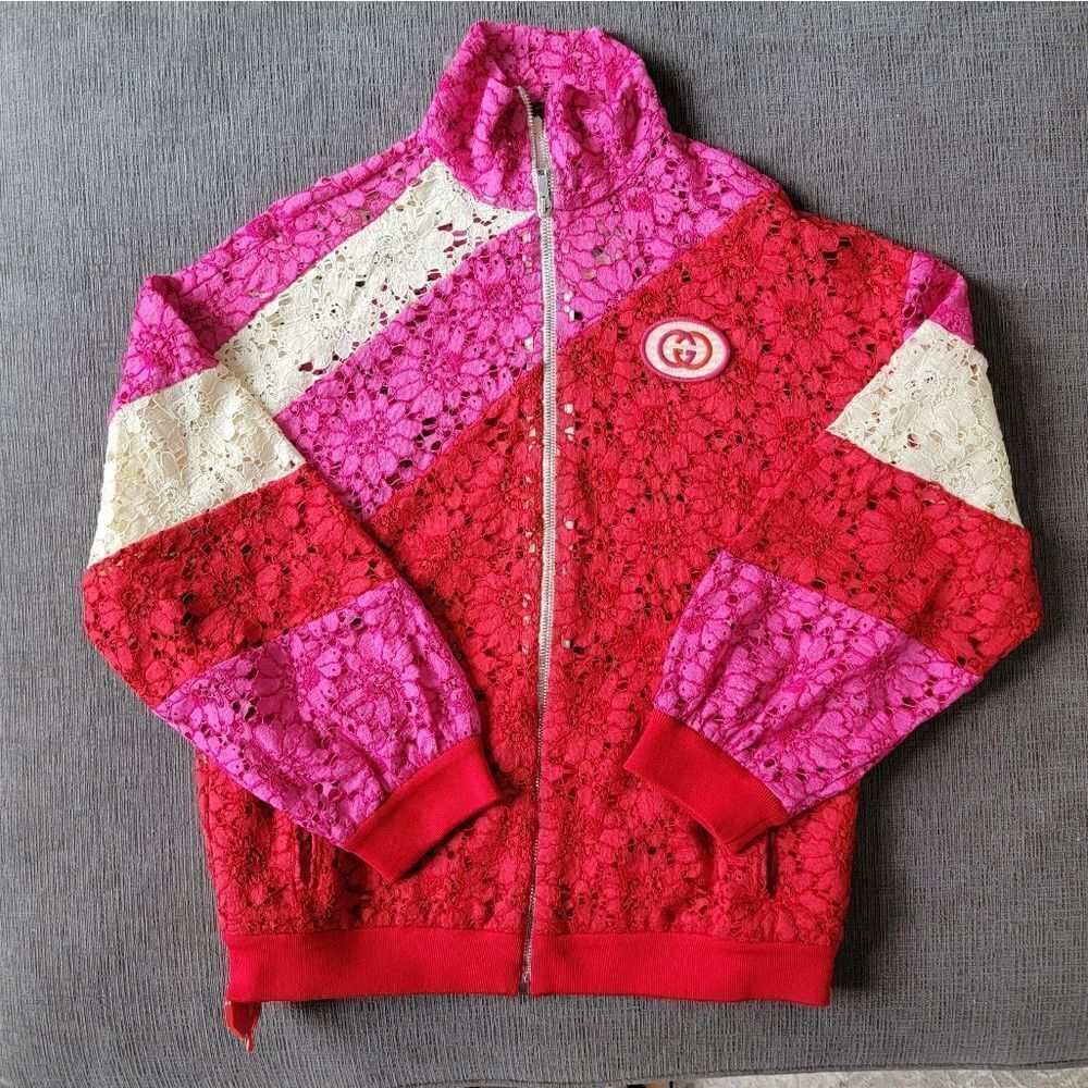 GUCCI Women Colorblock Pattern Lace Interlocking GG Patch Track Jacket Size XXS